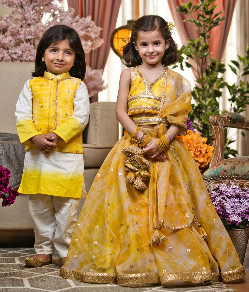 Kids Baby Girl's Net Semi-stitched Embroidered and mirror work Yellow  Lehenga Choli with Dupatta Set