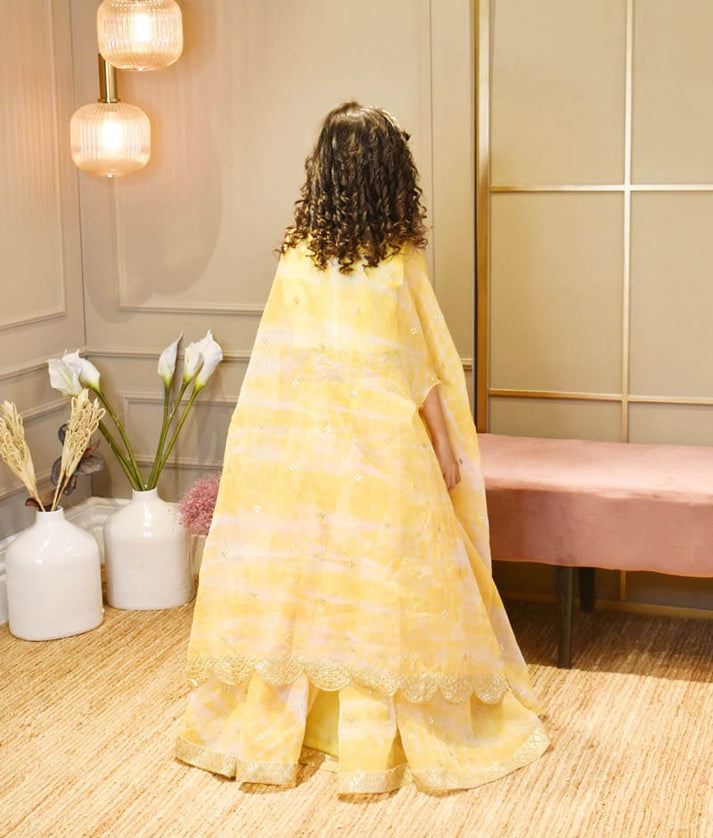 Manufactured by FAYON KIDS (Noida, U.P) Yellow Printed Organza Sharara Top with Cape for Girls