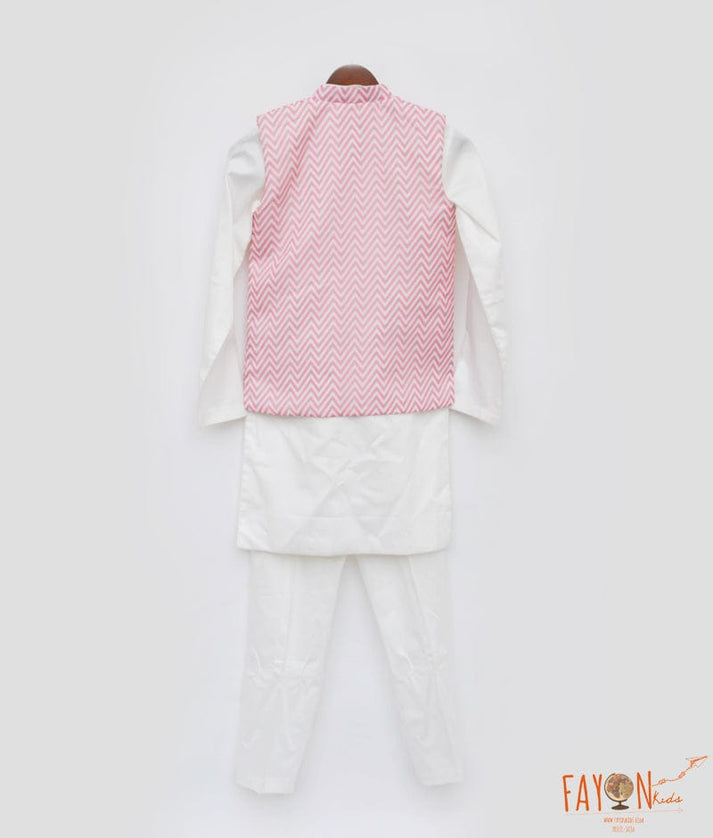 Manufactured by FAYON KIDS (Noida, U.P) Zig Zag Printed Nehru Jacket with White Kurta Pant for Boys